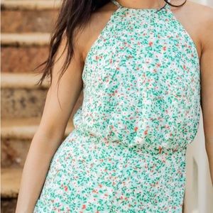 GREEN FLORAL HALTER ROMPER